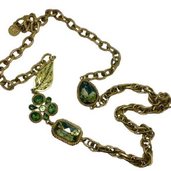 Jessica Simpson Jewelry - Jessica Simpson Y2K Necklace Gold Plated Green Crystals Chunky Signed Statement